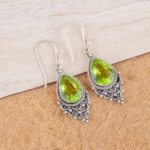 Vintage Glamour Exquisite Gemstone Oxidised Earrings Handmade in 925 Sterling Silver (Green Peridot) in Saudi Arabia