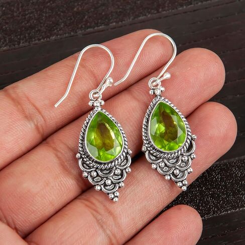 Vintage Glamour Exquisite Gemstone Oxidised Earrings Handmade in 925 Sterling Silver (Green Peridot) in Saudi Arabia
