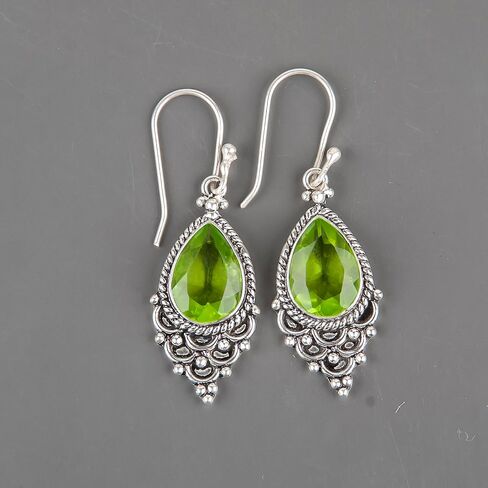 Vintage Glamour Exquisite Gemstone Oxidised Earrings Handmade in 925 Sterling Silver (Green Peridot) in Saudi Arabia