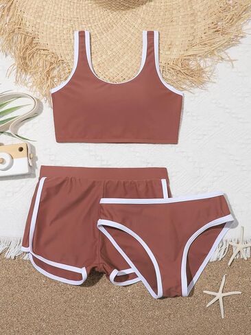 Milumia Girl's 3 Pieces Swimsuits Sport Contrast Binding Bathing Suits with Swim Shorts in Saudi Arabia