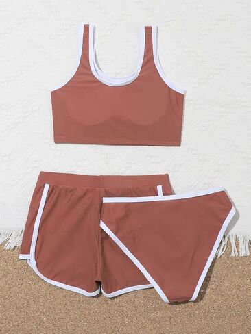 Milumia Girl's 3 Pieces Swimsuits Sport Contrast Binding Bathing Suits with Swim Shorts in Saudi Arabia