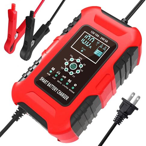 Foxsur 10-Amp 7-Stage Car Battery Charger for Wet/GEL/SLA/LiFePO4/Lead-Acid/AGM Batteries, 12V/ 24V Smart Battery Charger/Maintainer, for ATVs/Golf Cart/Motorcycle/Automobile/Marine etc Quick Charger in Saudi Arabia
