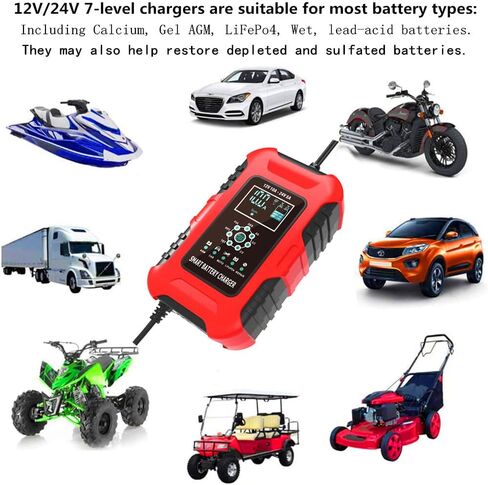 Foxsur 10-Amp 7-Stage Car Battery Charger for Wet/GEL/SLA/LiFePO4/Lead-Acid/AGM Batteries, 12V/ 24V Smart Battery Charger/Maintainer, for ATVs/Golf Cart/Motorcycle/Automobile/Marine etc Quick Charger in Saudi Arabia