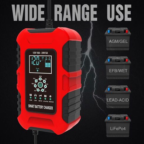 Foxsur 10-Amp 7-Stage Car Battery Charger for Wet/GEL/SLA/LiFePO4/Lead-Acid/AGM Batteries, 12V/ 24V Smart Battery Charger/Maintainer, for ATVs/Golf Cart/Motorcycle/Automobile/Marine etc Quick Charger in Saudi Arabia