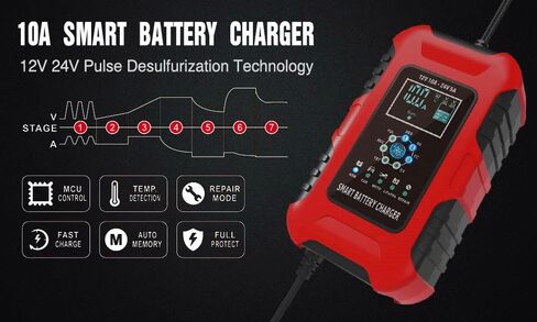 Foxsur 10-Amp 7-Stage Car Battery Charger for Wet/GEL/SLA/LiFePO4/Lead-Acid/AGM Batteries, 12V/ 24V Smart Battery Charger/Maintainer, for ATVs/Golf Cart/Motorcycle/Automobile/Marine etc Quick Charger in Saudi Arabia