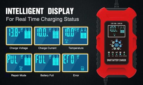 Foxsur 10-Amp 7-Stage Car Battery Charger for Wet/GEL/SLA/LiFePO4/Lead-Acid/AGM Batteries, 12V/ 24V Smart Battery Charger/Maintainer, for ATVs/Golf Cart/Motorcycle/Automobile/Marine etc Quick Charger in Saudi Arabia