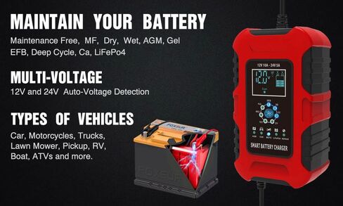 Foxsur 10-Amp 7-Stage Car Battery Charger for Wet/GEL/SLA/LiFePO4/Lead-Acid/AGM Batteries, 12V/ 24V Smart Battery Charger/Maintainer, for ATVs/Golf Cart/Motorcycle/Automobile/Marine etc Quick Charger in Saudi Arabia