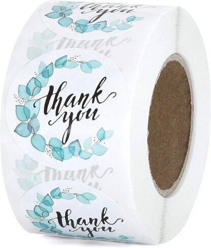 Thank You Stickers Roll - 1.5 inch Blue Thank You Stickers Exquisite Greenery Turquoise Pattern roll, 500 Stickers per Roll, Thank You Stickers for Business Gift Bags Envelopes Journal Stickers in Kuwait