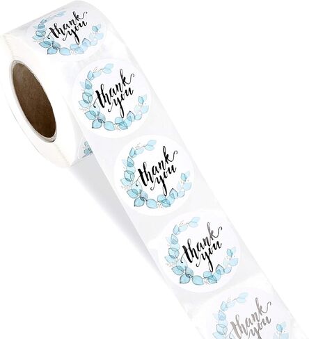 Thank You Stickers Roll - 1.5 inch Blue Thank You Stickers Exquisite Greenery Turquoise Pattern roll, 500 Stickers per Roll, Thank You Stickers for Business Gift Bags Envelopes Journal Stickers in Kuwait