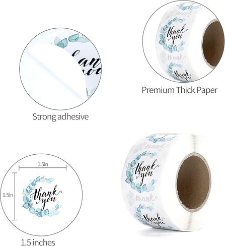 Thank You Stickers Roll - 1.5 inch Blue Thank You Stickers Exquisite Greenery Turquoise Pattern roll, 500 Stickers per Roll, Thank You Stickers for Business Gift Bags Envelopes Journal Stickers in Kuwait