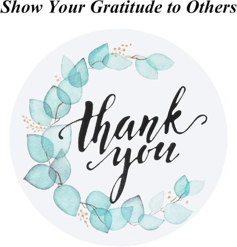 Thank You Stickers Roll - 1.5 inch Blue Thank You Stickers Exquisite Greenery Turquoise Pattern roll, 500 Stickers per Roll, Thank You Stickers for Business Gift Bags Envelopes Journal Stickers in Kuwait