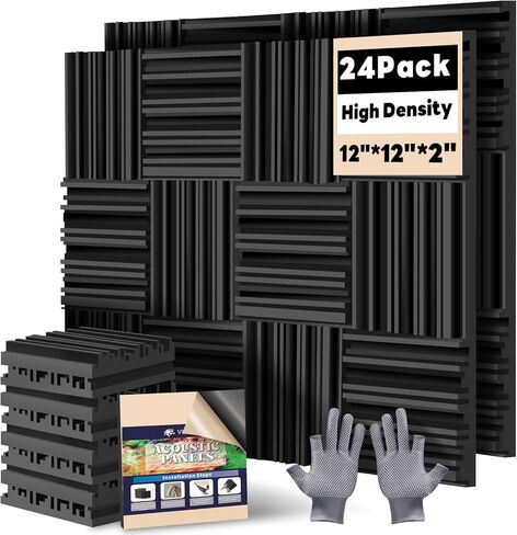 24 حزمة من الألواح الإسفنجية المقاومة للصوت للجدران ذاتية اللصق، 2 بوصة × 12 بوصة × 12 بوصة من الألواح الصوتية عالية الكثافة، لوحات حائط عازلة للصوت سريعة التوسع مقاومة للحريق، عازلة للصوت لغرفة نوم استوديو تسجيل الموسيقى (أسود) in Kuwait