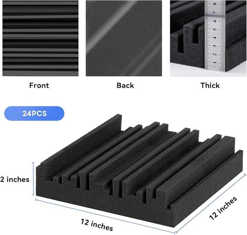 24 حزمة من الألواح الإسفنجية المقاومة للصوت للجدران ذاتية اللصق، 2 بوصة × 12 بوصة × 12 بوصة من الألواح الصوتية عالية الكثافة، لوحات حائط عازلة للصوت سريعة التوسع مقاومة للحريق، عازلة للصوت لغرفة نوم استوديو تسجيل الموسيقى (أسود) in Kuwait