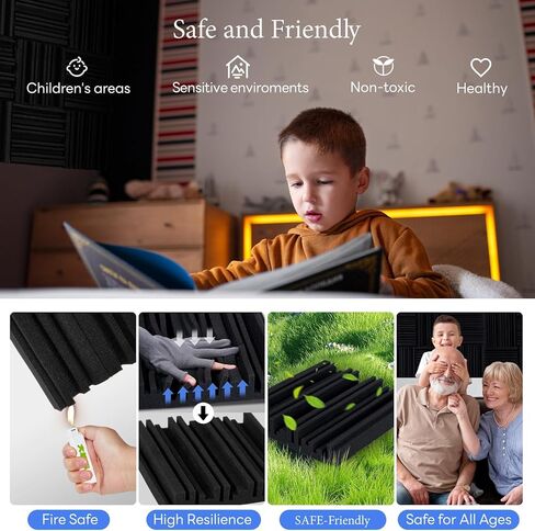 24 حزمة من الألواح الإسفنجية المقاومة للصوت للجدران ذاتية اللصق، 2 بوصة × 12 بوصة × 12 بوصة من الألواح الصوتية عالية الكثافة، لوحات حائط عازلة للصوت سريعة التوسع مقاومة للحريق، عازلة للصوت لغرفة نوم استوديو تسجيل الموسيقى (أسود) in Kuwait