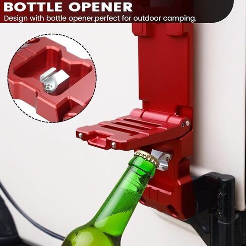 خطوة قدم مفصلية للباب متوافقة مع جيب رانجلر 2007-2023 JK JKU JL JLU & Gladiator JT، دواسة قدم قابلة للطي من سبائك الألومنيوم مع فتاحة زجاجات باللون الأحمر - قطعة واحدة (لا تناسب 2021 Gladiator) in Kuwait