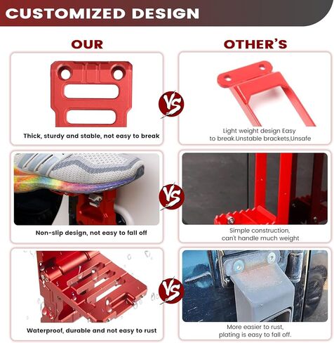 خطوة قدم مفصلية للباب متوافقة مع جيب رانجلر 2007-2023 JK JKU JL JLU & Gladiator JT، دواسة قدم قابلة للطي من سبائك الألومنيوم مع فتاحة زجاجات باللون الأحمر - قطعة واحدة (لا تناسب 2021 Gladiator) in Kuwait