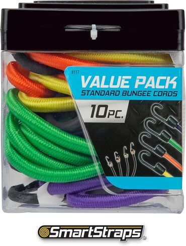 حبل بنجي قابل للتعديل من SmartStraps، ألوان متنوعة، 10 عبوات - تتضمن اثنين مقاس 12 بوصة، واثنتان مقاس 24 بوصة، وواحدة مقاس 36 بوصة، وواحدة مقاس 48 بوصة، وأربعة حبال بنجي صغيرة - مثالية لتأمين الأمتعة وعلب الغاز ومبردات المركبات in Kuwait