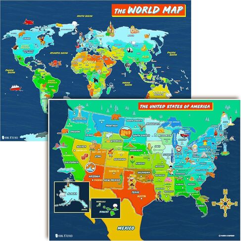 USA and World map poster 2 pack for kids Laminated large illustrated Light blue Young N Refined 15x20) in Saudi Arabia
