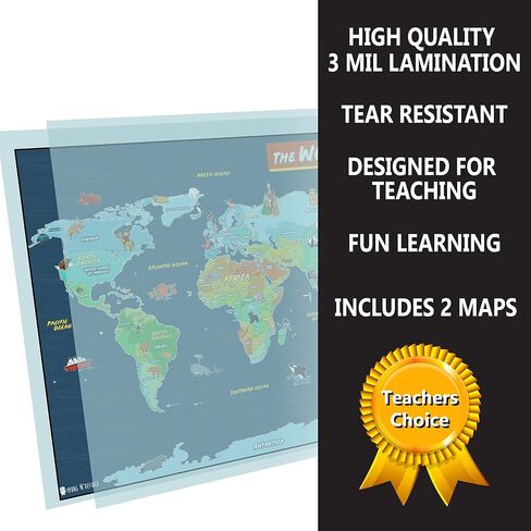 USA and World map poster 2 pack for kids Laminated large illustrated Light blue Young N Refined 15x20) in Saudi Arabia
