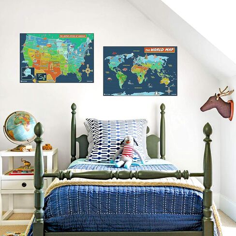 USA and World map poster 2 pack for kids Laminated large illustrated Light blue Young N Refined 15x20) in Saudi Arabia
