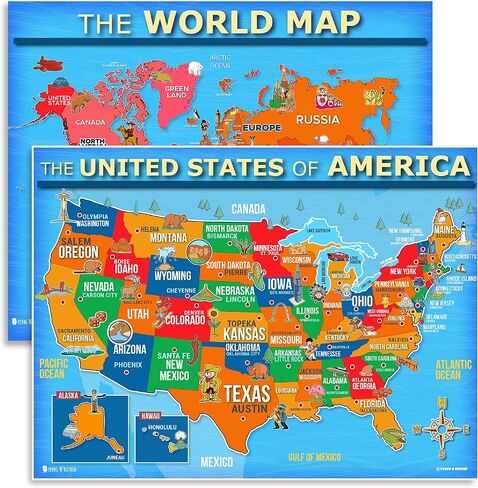 USA and World map poster 2 pack for kids Laminated large illustrated Light blue Young N Refined 15x20) in Saudi Arabia