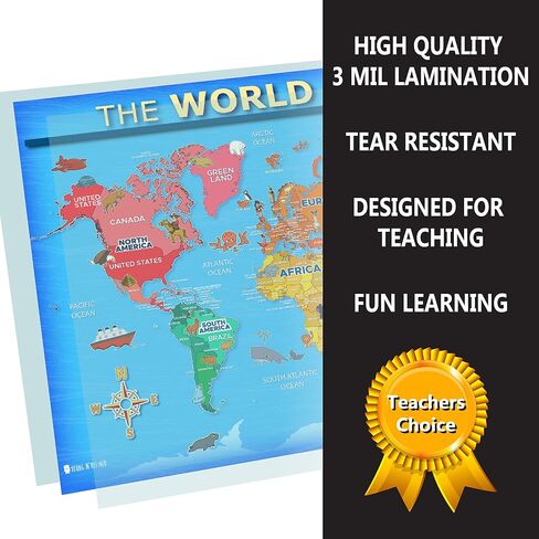 USA and World map poster 2 pack for kids Laminated large illustrated Light blue Young N Refined 15x20) in Saudi Arabia
