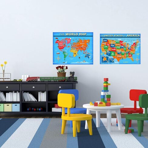USA and World map poster 2 pack for kids Laminated large illustrated Light blue Young N Refined 15x20) in Saudi Arabia