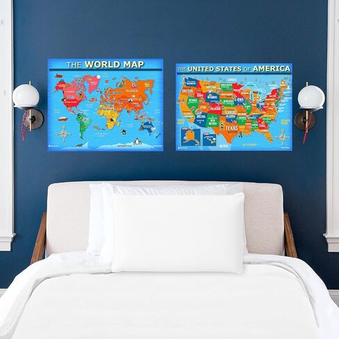 USA and World map poster 2 pack for kids Laminated large illustrated Light blue Young N Refined 15x20) in Saudi Arabia