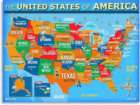 USA and World map poster 2 pack for kids Laminated large illustrated Light blue Young N Refined 15x20) in Saudi Arabia