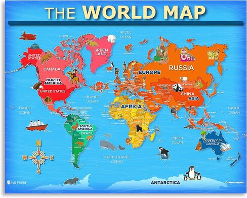 USA and World map poster 2 pack for kids Laminated large illustrated Light blue Young N Refined 15x20) in Saudi Arabia