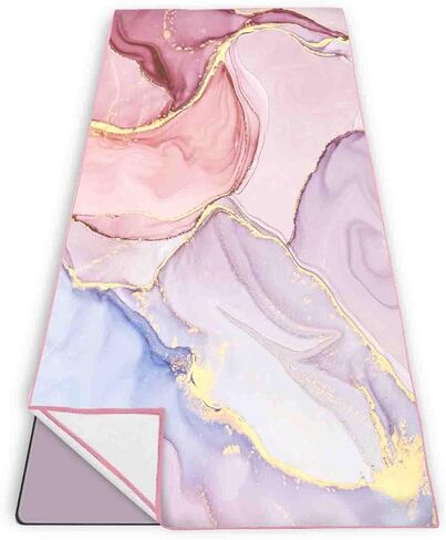 PRUKIVRA منشفة يوجا غير قابلة للانزلاق مع زوايا مناسبة للمرساة، حجم السجادة، ماصة للعرق، منشفة يوجا ساخنة من الألياف الدقيقة للنساء والرجال، 71 بوصة طول × 26 بوصة عرض، رخام وردي in Kuwait