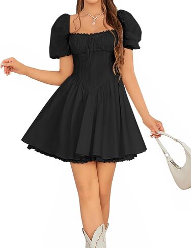 فستان نسائي قصير من GLNEGE برقبة مربعة وأكمام منتفخة، فساتين قصيرة كاجوال بحاشية مكشكشة على شكل حرف A in Kuwait