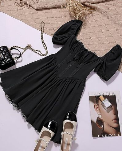 فستان نسائي قصير من GLNEGE برقبة مربعة وأكمام منتفخة، فساتين قصيرة كاجوال بحاشية مكشكشة على شكل حرف A in Kuwait