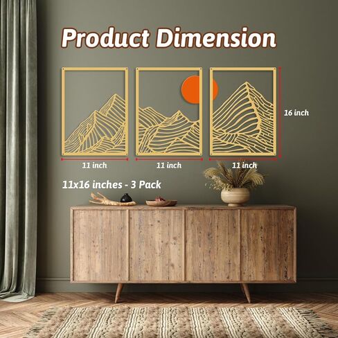 RUFHVTY 3 Pcs Metal Wall Art，Mountain Line Drawing Wall Decor，Rustic Nature Wall Art Sculpture for Home Living Room Bathroom Bedroom Office (Gold) in Saudi Arabia