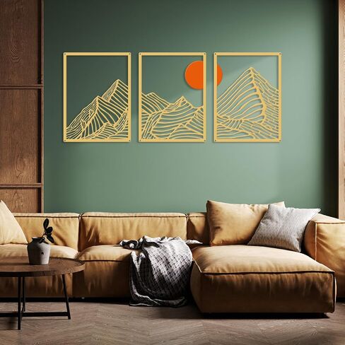 RUFHVTY 3 Pcs Metal Wall Art，Mountain Line Drawing Wall Decor，Rustic Nature Wall Art Sculpture for Home Living Room Bathroom Bedroom Office (Gold) in Saudi Arabia