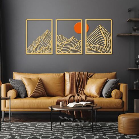 RUFHVTY 3 Pcs Metal Wall Art，Mountain Line Drawing Wall Decor，Rustic Nature Wall Art Sculpture for Home Living Room Bathroom Bedroom Office (Gold) in Saudi Arabia