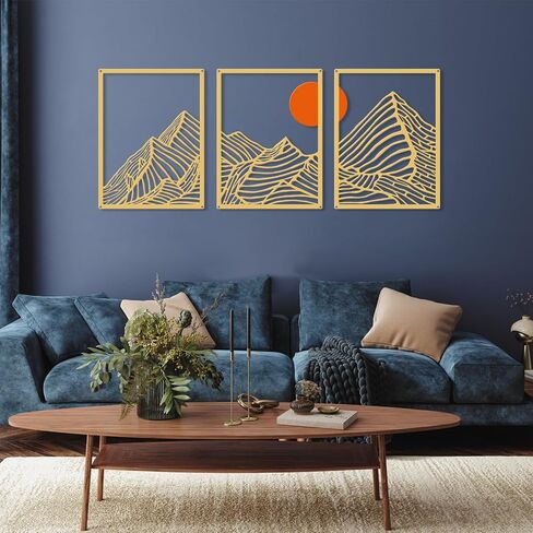 RUFHVTY 3 Pcs Metal Wall Art，Mountain Line Drawing Wall Decor，Rustic Nature Wall Art Sculpture for Home Living Room Bathroom Bedroom Office (Gold) in Saudi Arabia