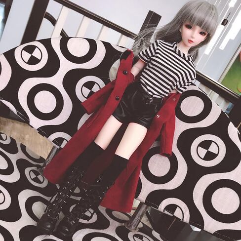 niannyyhouse 1/3 1/4 1/6 BJD Dolls Clothes Burgundy Overcoat Striped T-Shirt Leather Shorts Socks Ball Jointed Dolls Accessories Dress Up Gift (1/4BJD) in Saudi Arabia