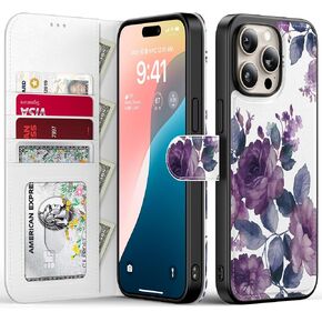 FUNMIKO for iPhone 16 Pro Case Wallet,Detachable Flip Folio Leather Cover,RFID Blocking 4 Card Slots Holder,Magnetic Kickstand,Protective Phone Shell for Women Girls,Vibrant Flowers in Saudi Arabia