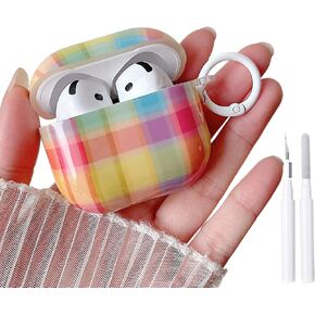 MINSCOSE for AirPods 4 Case,Cute Pastel Rainbow Striped Pattern Design with Trendy Keychain,Soft TPU Protective Shockproof Cover with Cleaner Kit for Girls Women for AirPods 4-Pink Green in Saudi Arabia