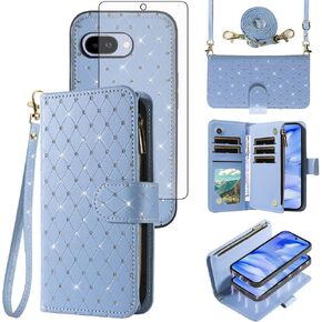 Compatible with Google Pixel 9 Pro XL Wallet Case Zipper Cell Tempered Glass Screen Protector Crossbody Strap Glitter Flip Card Holder Phone Cover for Pixel9 9Pro 9ProXL Nine Women Dark Blue in Kuwait