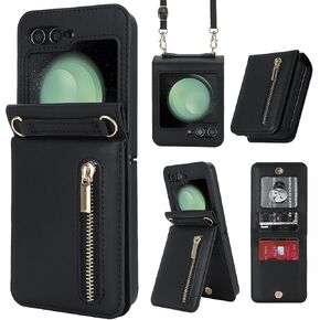 Phone Case for Samsung Galaxy Z Flip 5, Crossbody Wallet Phone Cover with Card Holders Cash Slot Kickstand Wristlet Strap, Fashion Leather Handbag Flip 5 Phone Case for Women Girls (Purple) in Saudi Arabia
