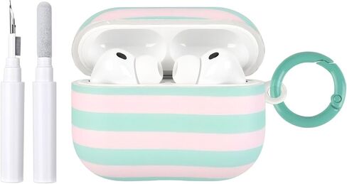 Compatible for AirPods Pro 3 Case Soft TPU with Cleaner Kit Cute Horizontal Stripes Aesthetic Printed Matte Design Soft TPU Shockproof Keychain Cover for Girls Woman-Blue+Pink in Kuwait