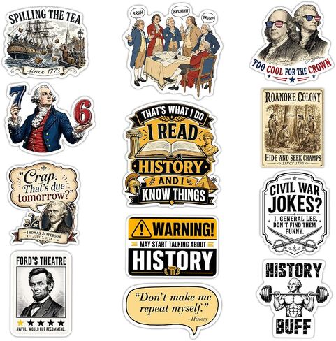 12 PCS Funny History Stickers, American History Decals Pack, Teacher Student Historian Vinyl Stickers for Laptop Water Bottle Notebook in Kuwait