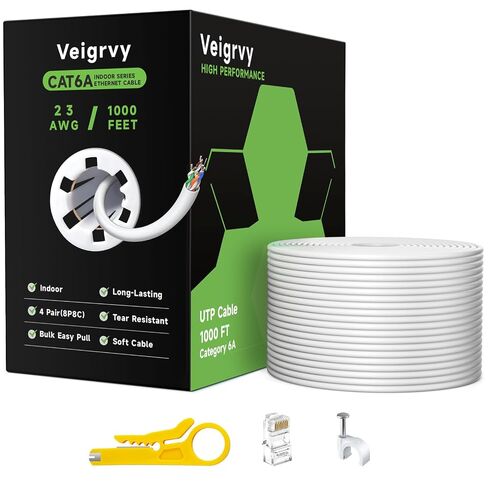 Cat 6a Ethernet Cable 1000 ft Bulk, 23AWG 550MHz Solid CCA UTP Cat 6a Cable with 60 Rj45 Connector, High-Speed Internet Cable Gaming Network LAN Cable for Cameras, Computers - Blue in Kuwait