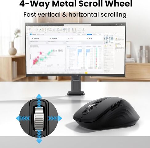 Wireless Bluetooth Mouse, Multi-Device Ergonomic Mouse with 5 Programmable Buttons, 4-Way Metal Scroll Wheel,4800 DPI Adjustable, 18-Month Battery Life, Silent Click, for Laptop, PC, Mac - Black in Kuwait