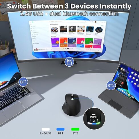 Wireless Bluetooth Mouse, Multi-Device Ergonomic Mouse with 5 Programmable Buttons, 4-Way Metal Scroll Wheel,4800 DPI Adjustable, 18-Month Battery Life, Silent Click, for Laptop, PC, Mac - Black in Kuwait
