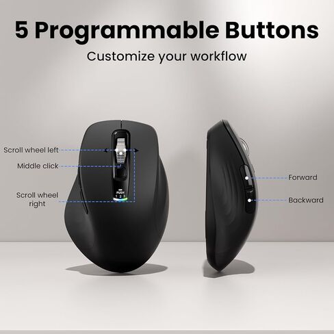 Wireless Bluetooth Mouse, Multi-Device Ergonomic Mouse with 5 Programmable Buttons, 4-Way Metal Scroll Wheel,4800 DPI Adjustable, 18-Month Battery Life, Silent Click, for Laptop, PC, Mac - Black in Kuwait