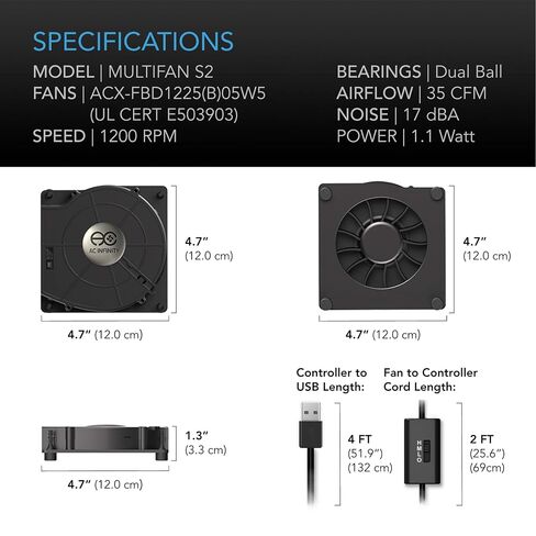 AC Infinity MULTIFAN S2, Quiet 120mm USB Blower Fan with Speed Control, UL-Certified for Receiver DVR Xbox Modem AV Cabinet Cooling (Pack of 2) in Kuwait