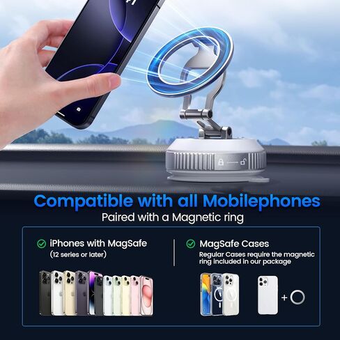 Tri-Folding Car Phone Holder for Magsafe[80+LBs Strongest Suction & 2850gf Strongest Magnetic], 360°Adjustable Phone Holders for Car, Suction Cup Phone Mount for iPhone17Pro Max /16/15/14Series，Sliver in Kuwait